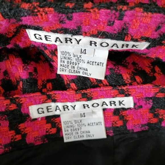 Geary Roark Womens Pink Houndstooth Print Silk Jacket Skirt Set Outfits Size 14 - Picture 12 of 12